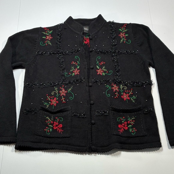 Vintage Christmas Cardigan Black Red Embroidery Erika Size Medium - Picture 1 of 8
